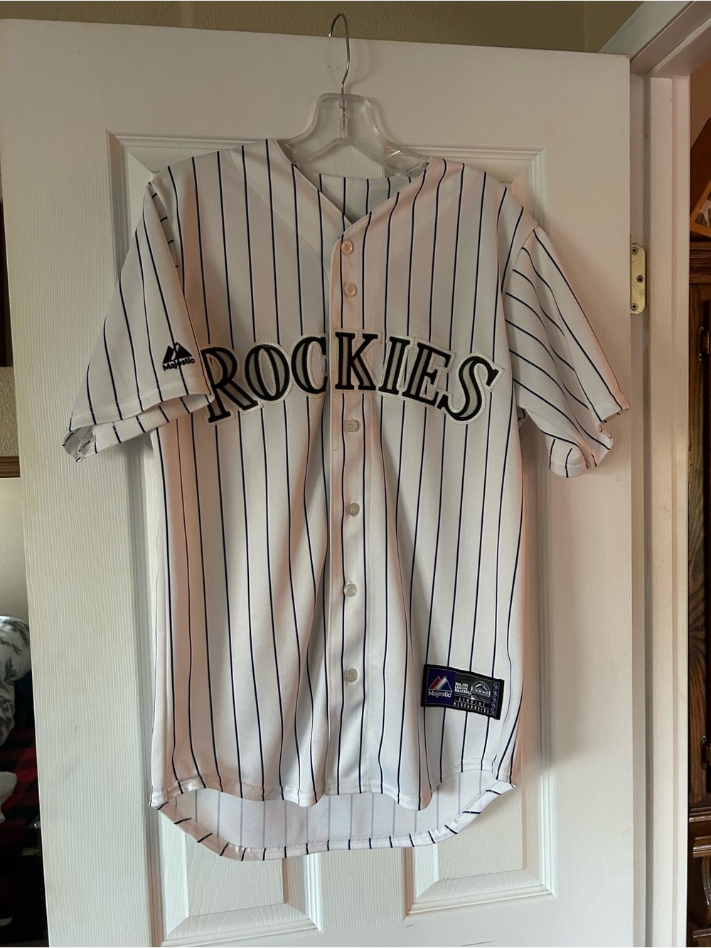 Majestic White Navy Pinstripe Rockies Baseball Jersey